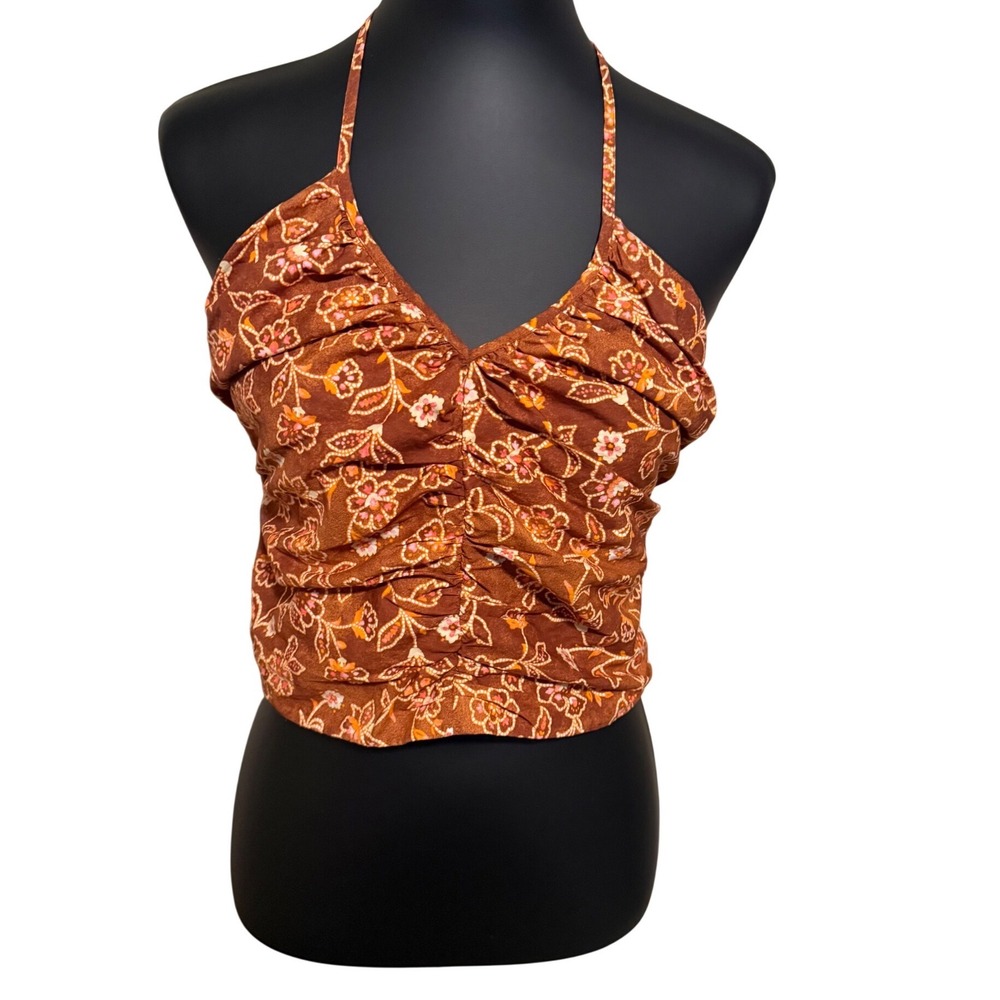 J.Crew Re-Imagined Rust Floral Ruched Halter‎ Top Smocked Back Size 4